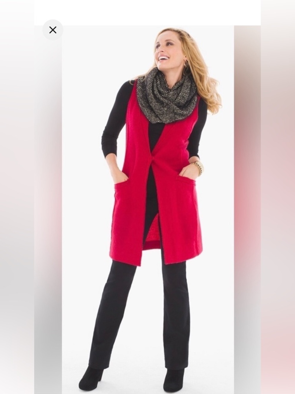 Chicos women’s 100% Wool long red Duster vest magnetic button 2 front pockets